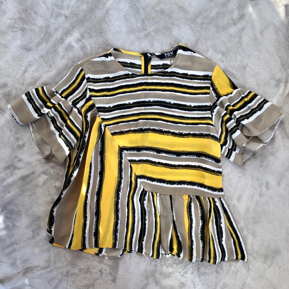 TOV Los Angeles Striped Yellow Asymmetrical Ruffle Top Blouse